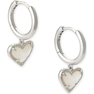 KENDRA SCOTT ARI HEART HUGGIE EARRINGS RHODIUM IVORY MOTHER OF PEARL