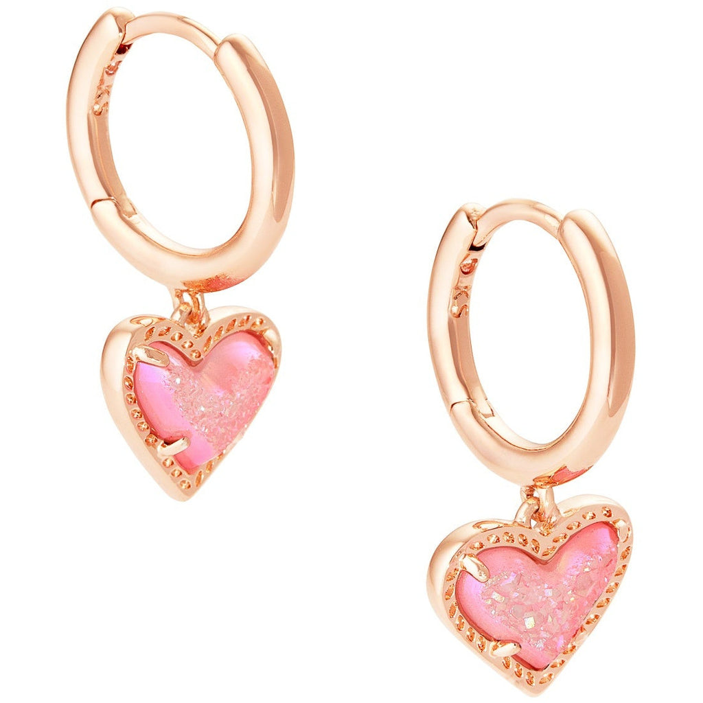 KENDRA SCOTT ARI HEART HUGGIE EARRINGS ROSE GOLD PINK DRUSY