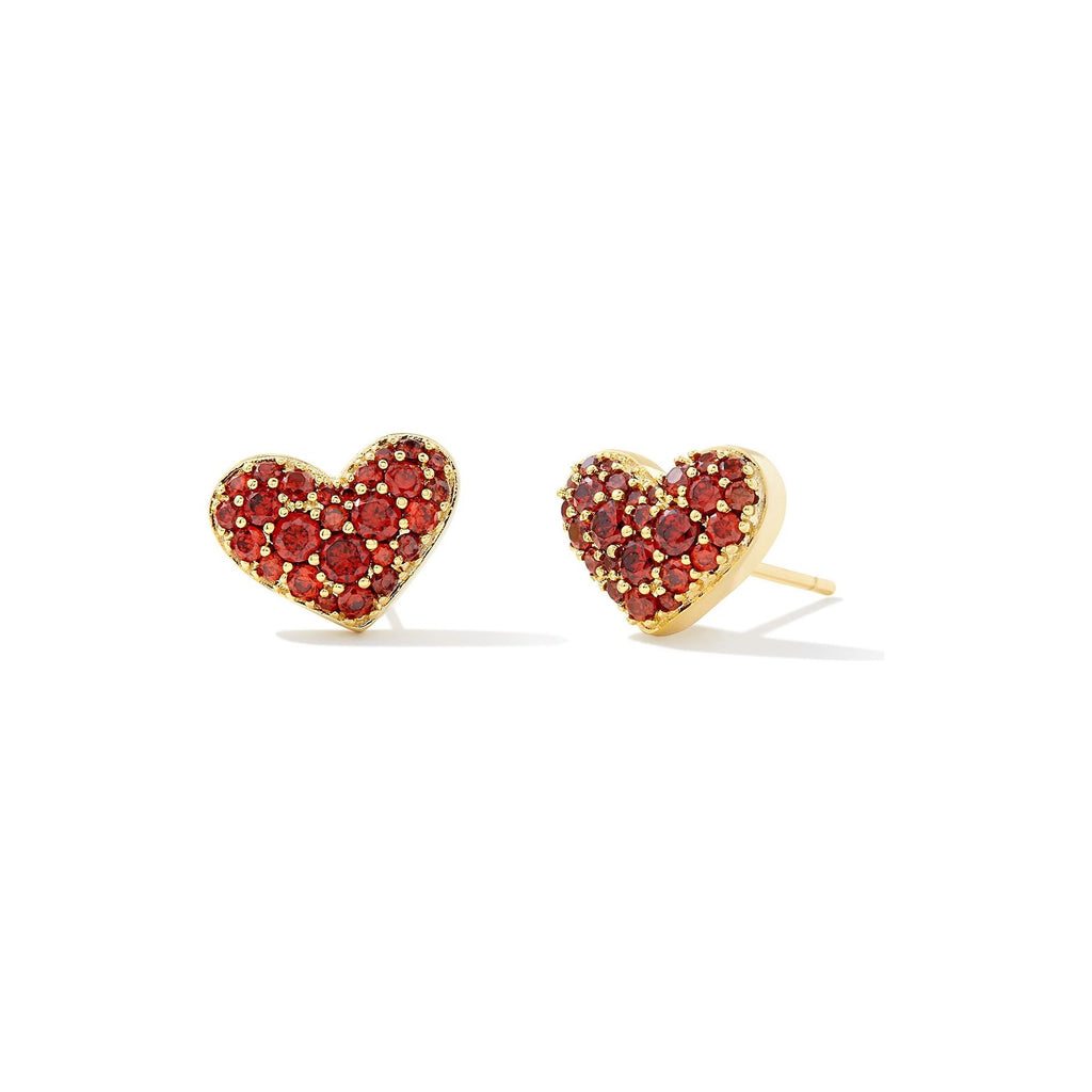 KENDRA SCOTT ARI PAVE CRYSTAL HEART EARRINGS GOLD RED CRYSTAL
