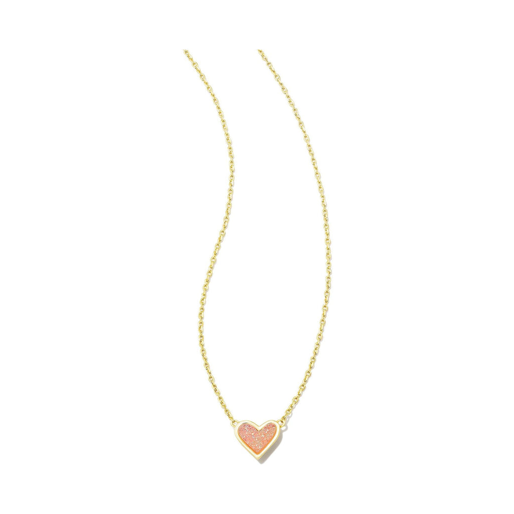 KENDRA SCOTT FRAMED ARI HEART SHORT PENDANT NECKLACE GOLD LIGHT PINK DRUSY