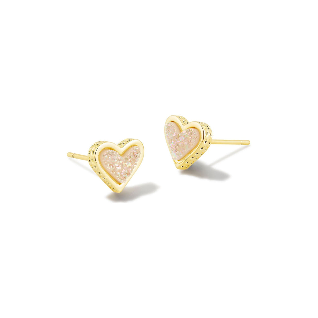 FRAMED ARI HEART STUD EARRINGS GOLD IRIDESCENT DRUSY