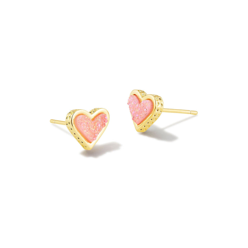 KENDRA SCOTT FRAMED ARI HEART STUD EARRINGS GOLD LIGHT PINK DRUSY