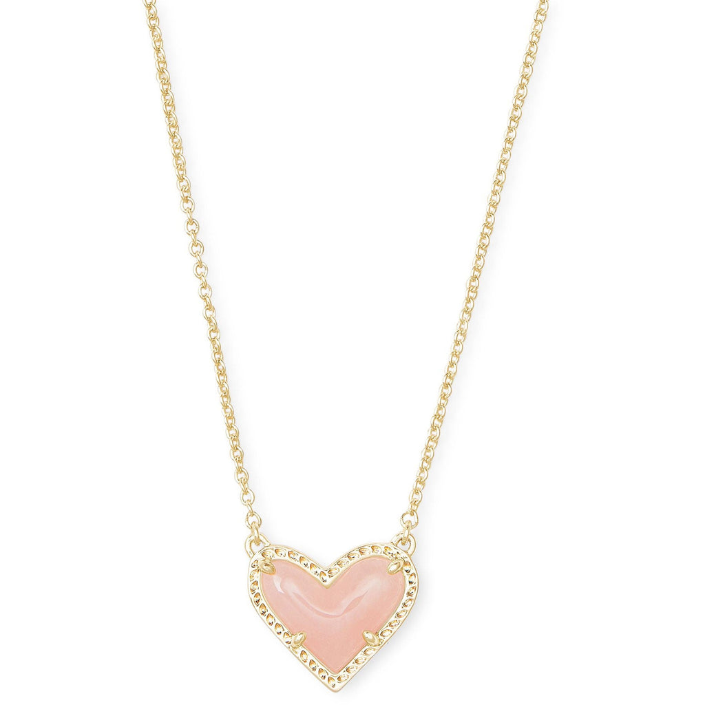 KENDRA SCOTT ARI HEART SHORT PENDANT NECKLACE GOLD ROSE QUARTZ