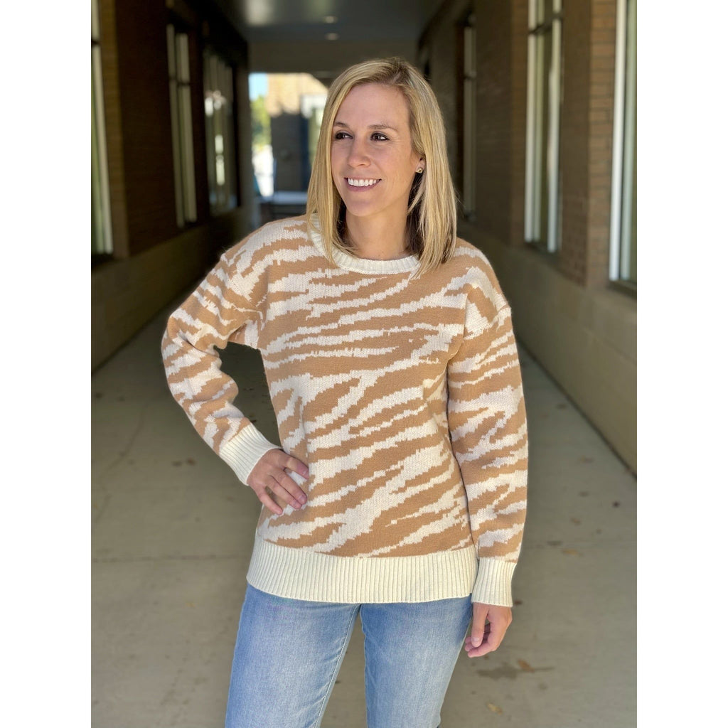 Trina Long Sleeve Animal Print Sweater - Taupe/Cream