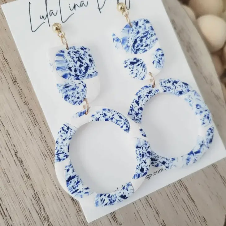 Mia Polymer Clay Blue and White Dangle Earrings