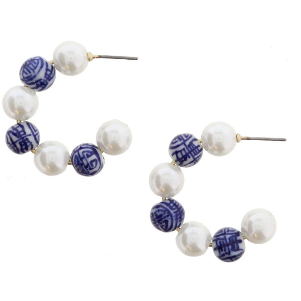 Pearl and Blue Design Ceramic Beaded Hoop Earrings