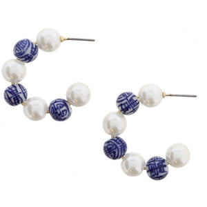 Pearl and Blue Design Ceramic Beaded Hoop Earrings