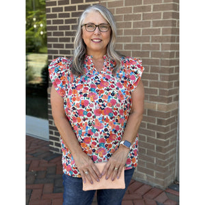 Lorre Plus Floral Print Ruffle Sleeve Top - Berry