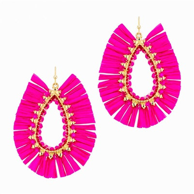 Raffia Earrings w/ Gold Teardrops - Hot Pink