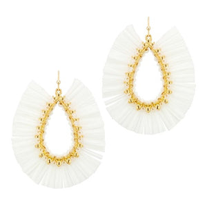 Raffia Earrings w/ Gold Teardrops - White