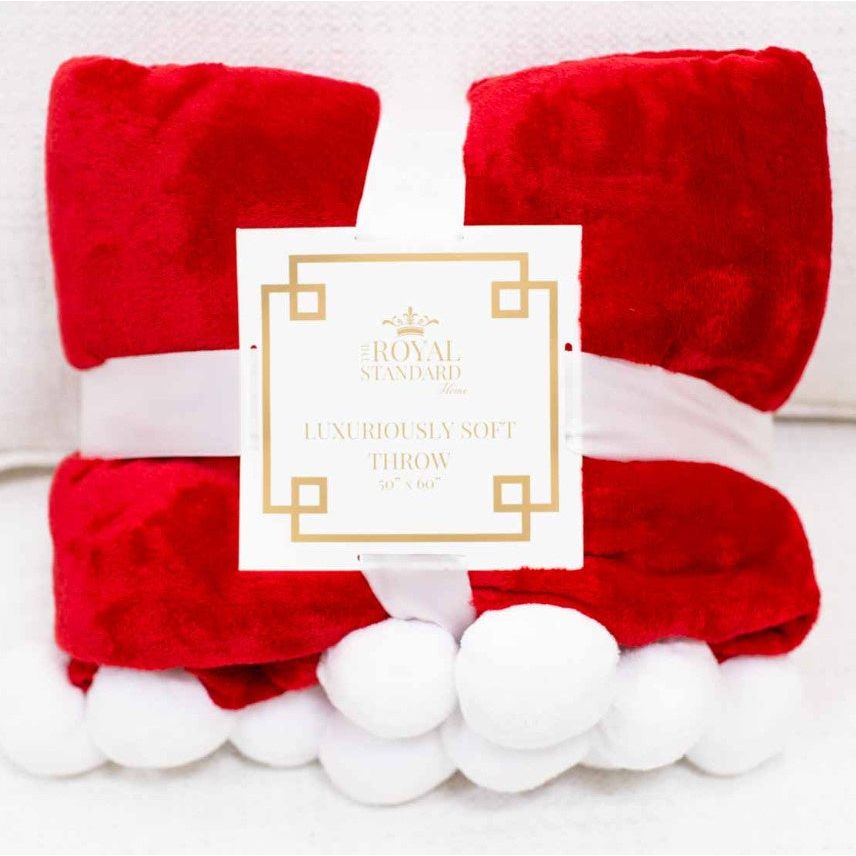 Cozy Santa Pom Pom Throw Blanket - Red/White