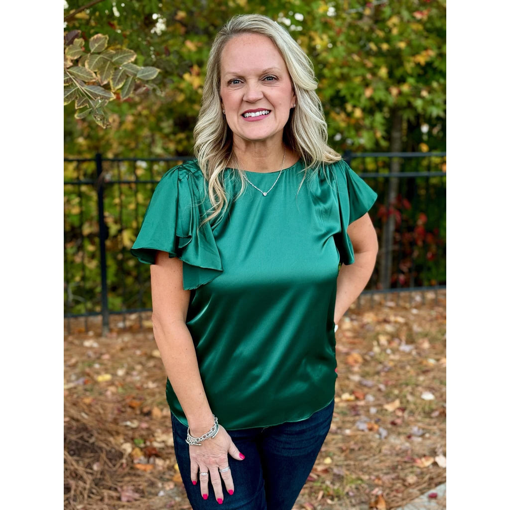 Talia Satin Flutter Sleeve Blouse - Hunter Green