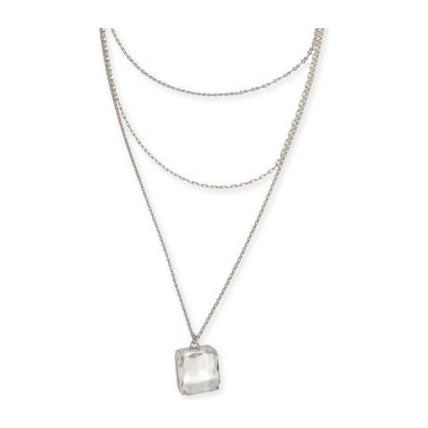 Silver 3 Row Large Square Crystal Pendant Necklace
