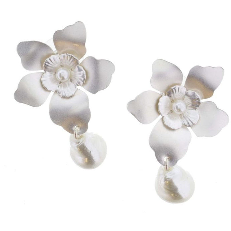 Silver Flower Post with Pearl Ceramic Center and Baroque Pearl Drop Earrings