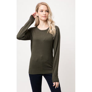 DOORBUSTER - Janet Solid Long Sleeve Crew Neck Ribbed Sweater - Olive