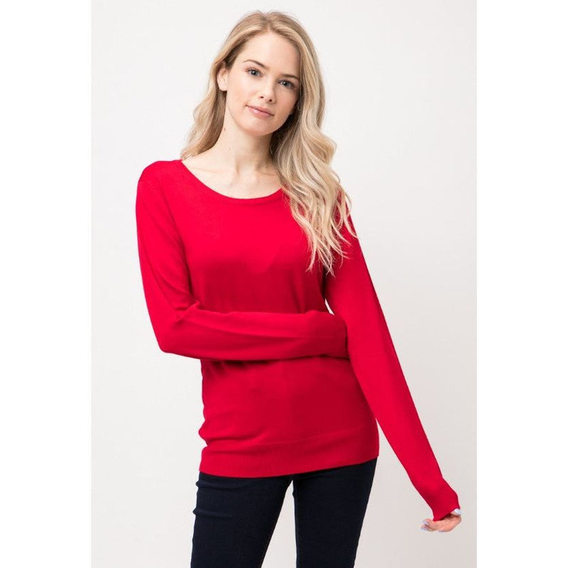 DOORBUSTER - Janet Solid Long Sleeve Crew Neck Ribbed Sweater  - Red