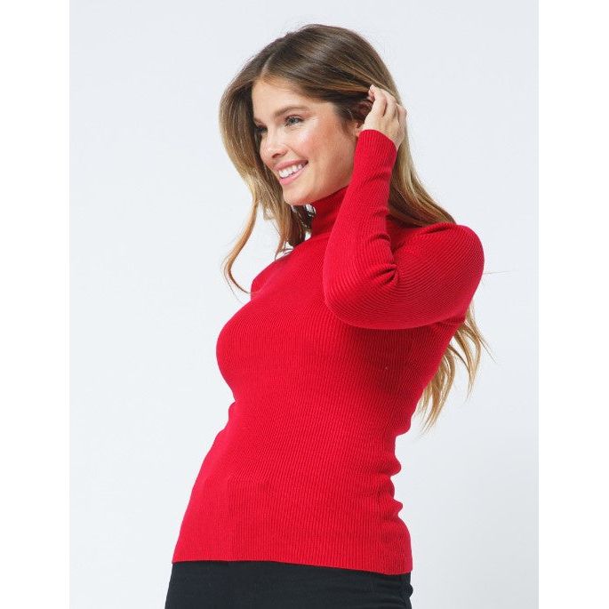 DOORBUSTER - Josie Solid Ribbed Turtleneck Pullover Sweater - Red