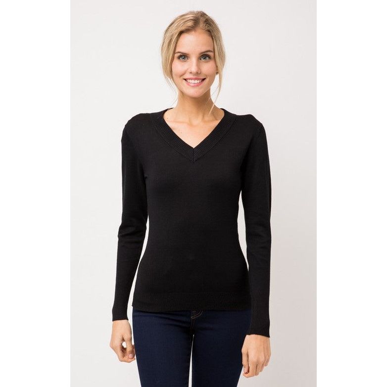 DOORBUSTER - Jaime Solid V-Neck Long Sleeve Pullover Sweater - Black