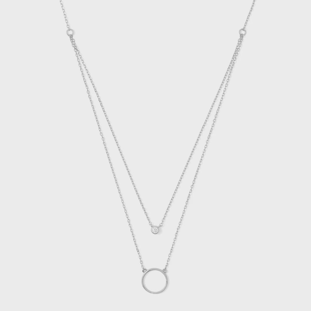 Double Appeal Circle and CZ Layered Necklace - Silver