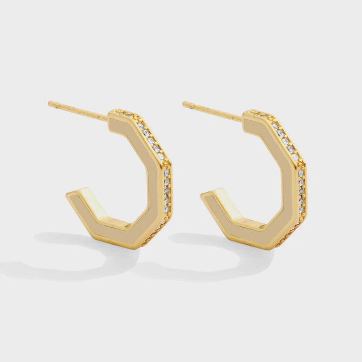 Pave Accented Hexagon Hoop Earrings - Gold/Ivory