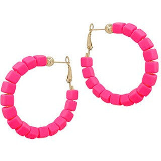 Square Clay Bead Hoops - Hot Pink