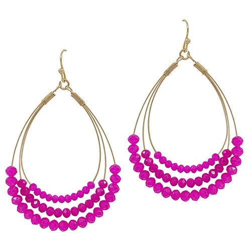 3 Layered Glass Beads Wire Earring - Hot Pink