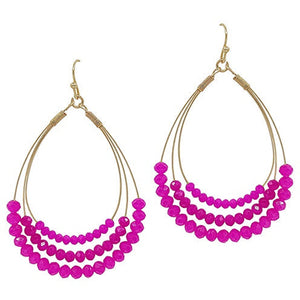 3 Layered Glass Beads Wire Earring - Hot Pink