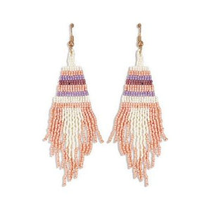 Beaded Seed Bead Fringe Earrings - Light Coral Multi