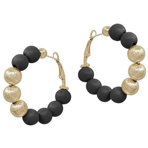 Black Wood Beaded and Textured Gold Earring