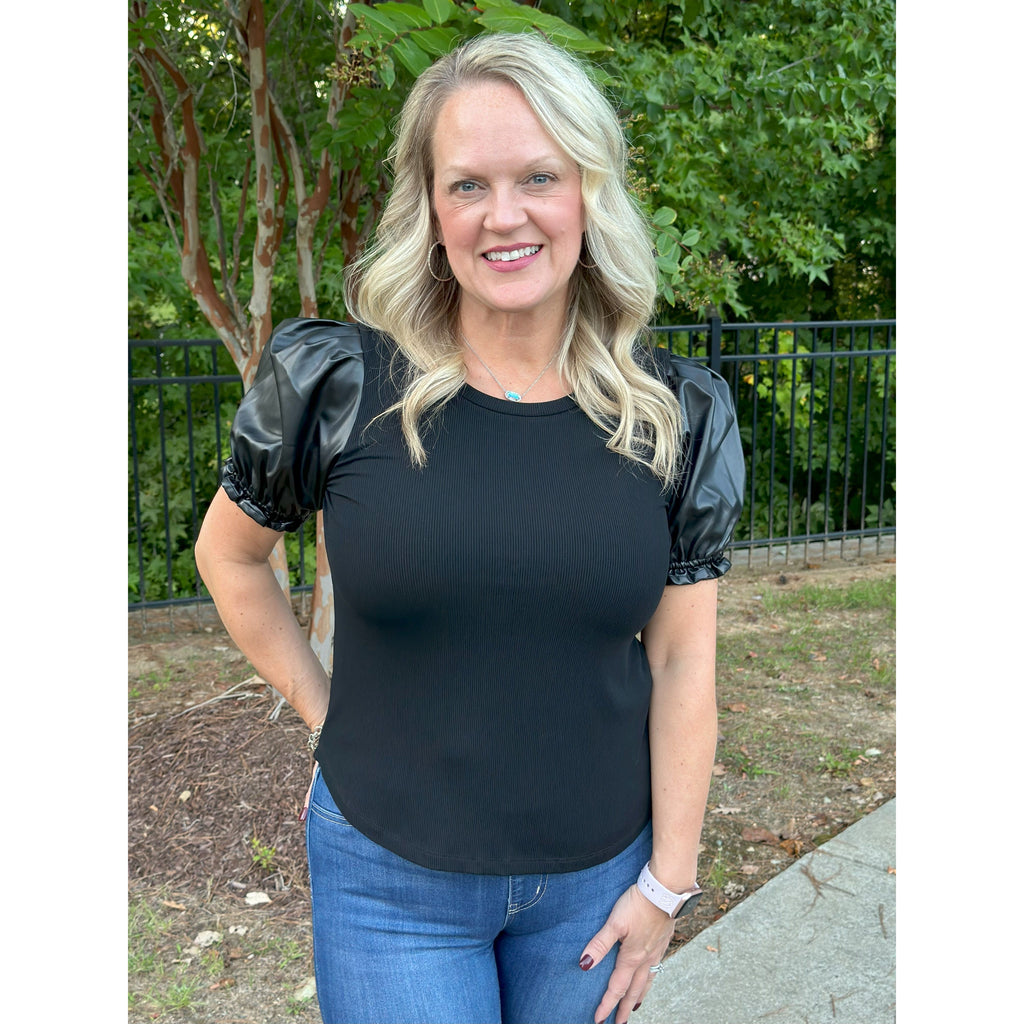 Lexie Mix Media Faux Leather Puff Sleeve Knit Top - Black - FINAL SALE