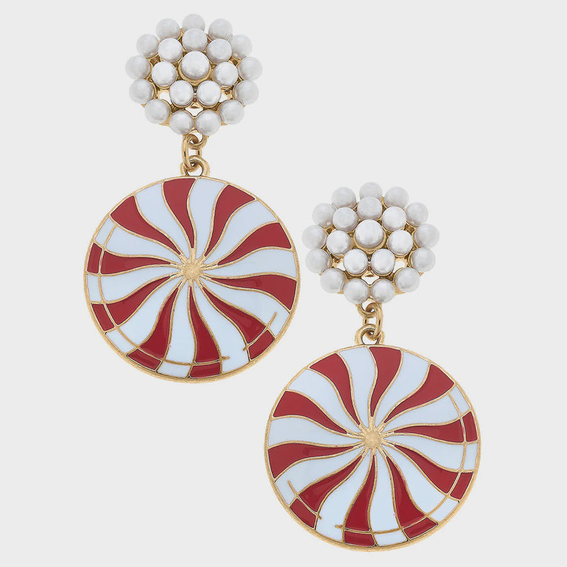 Peppermint Candy Enamel Earrings - Red and White