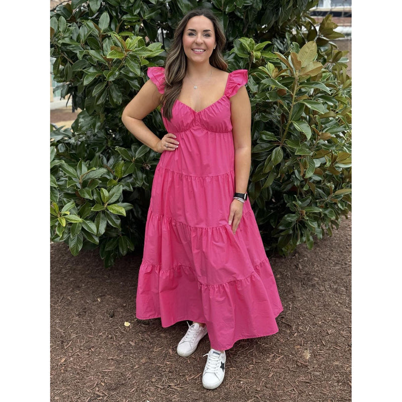 Diana Poplin Ruffle Sleeve Maxi Dress - Flamingo Pink