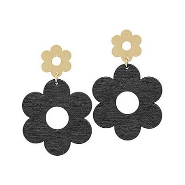 Double Flower Wood Dangle Earrings - Black