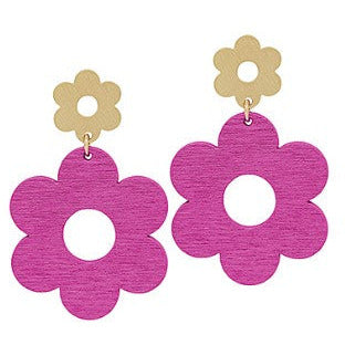 Double Flower Wood Dangle Earrings - Fuchsia