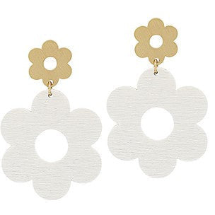 Double Flower Wood Dangle Earrings - White