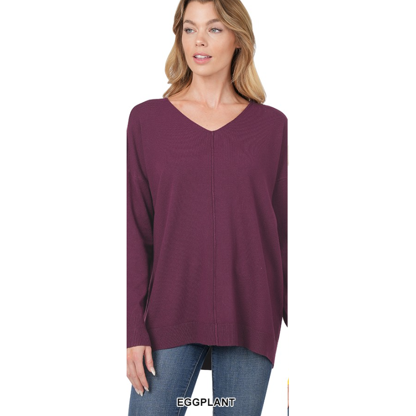HI-LOW GARMENT DYED V-NECK FRONT SEAM SWEATER - Eggplant