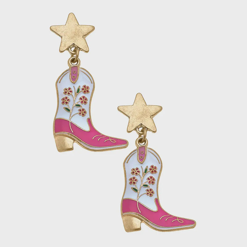 Floral Cowgirl Boots Earrings - white