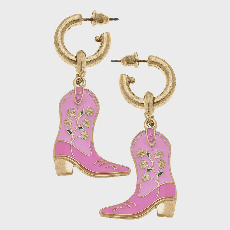 Floral Cowgirl Boots Drop Hoop Earrings - pink