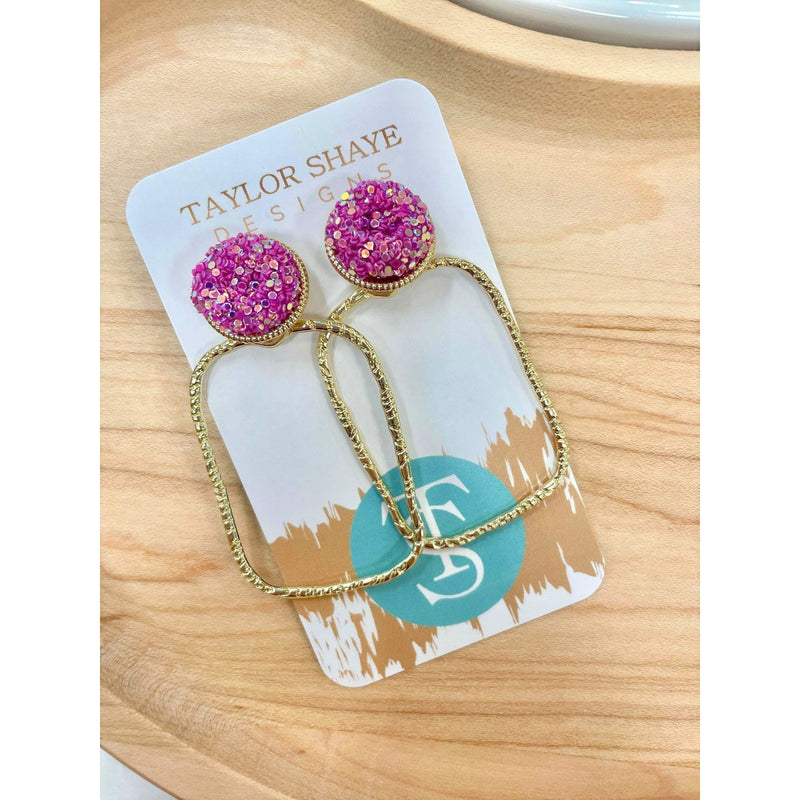 Taylor Shaye Designs - Glitter Top Rectangle Hoops - Hot Pink