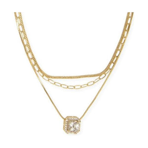 Three Row Square Halo Pendant Necklace - Gold