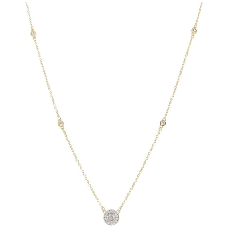 Gold Chain with Crystal Bezel Stations and Silver Circle Crystal with Mini Crystal Pave Outline Necklace