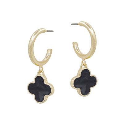 Gold Huggie Hoop Earrings w/ Small Black Clovers