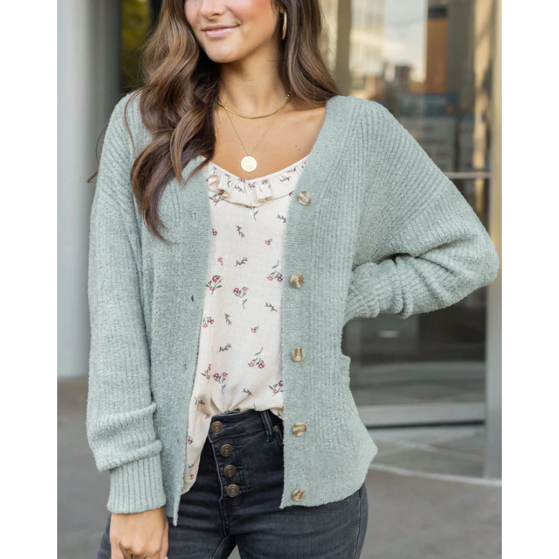 Grace and Lace Bambu Ribbed Button Cardigan - Mist
