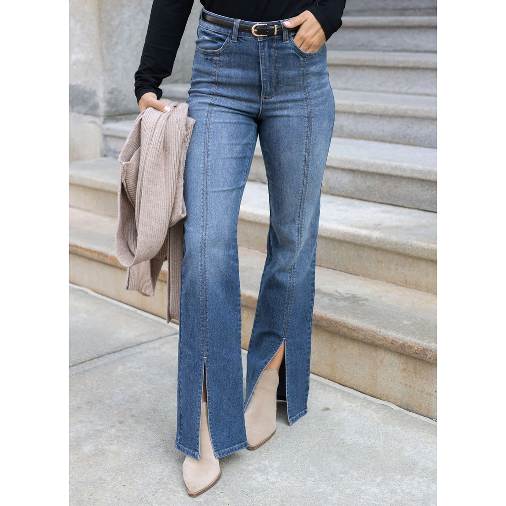 Grace and Lace Front Slit Jeans - Aged Mid-Wash