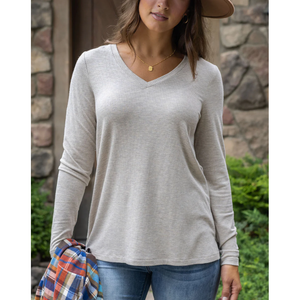 Grace and Lace Ribbed Long Sleeve Top - Heathered Oatmeal
