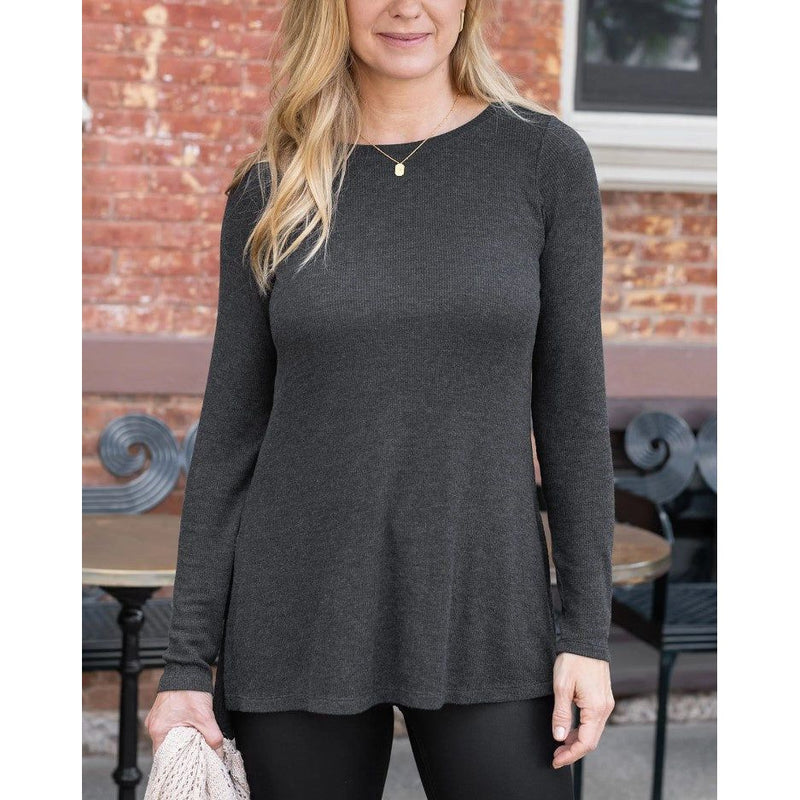 Grace and Lace Long Sleeve Tunic Tee - Heathered Charcoal