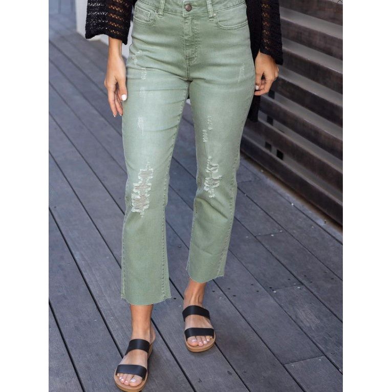 Grace and Lace Mel's Fave Distressed Cropped Straight Leg Colored Denim - Dusty Green