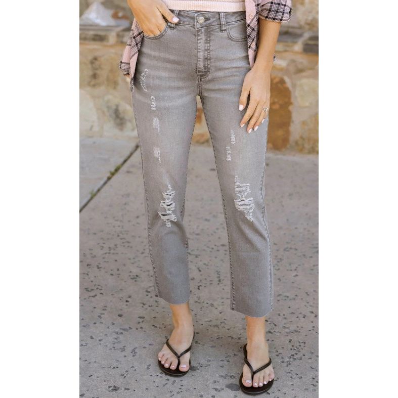 Grace and Lace Mel's Fave Distressed Cropped Straight Leg Colored Denim - Grey