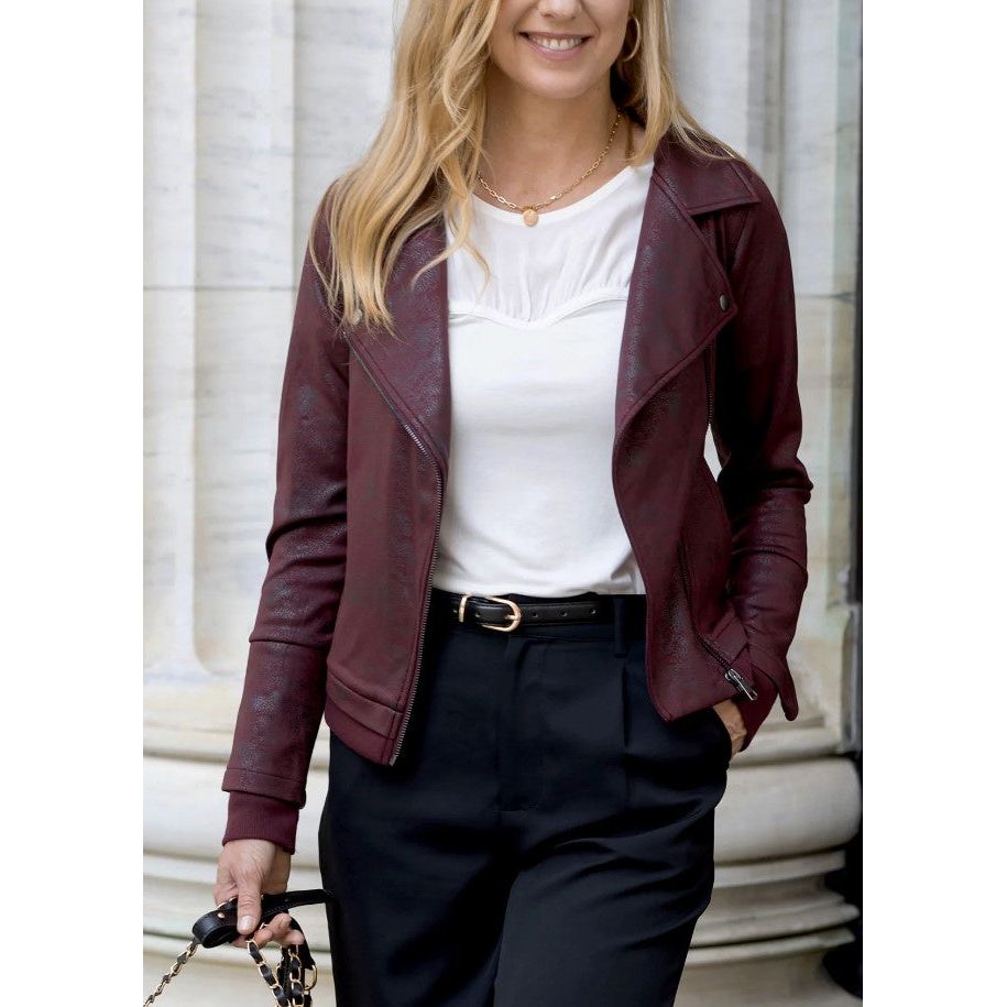Grace and Lace Move Free Leather Like Moto Jacket - Bordeaux