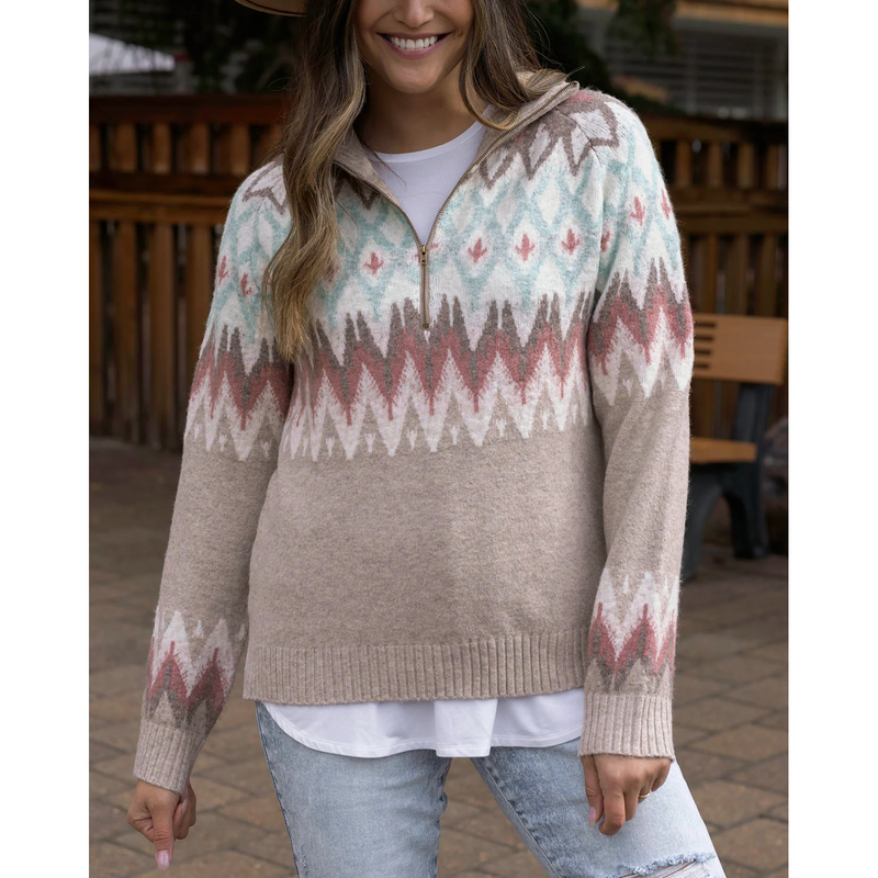 Grace and Lace Quarter Zip Fair Isle Sweater